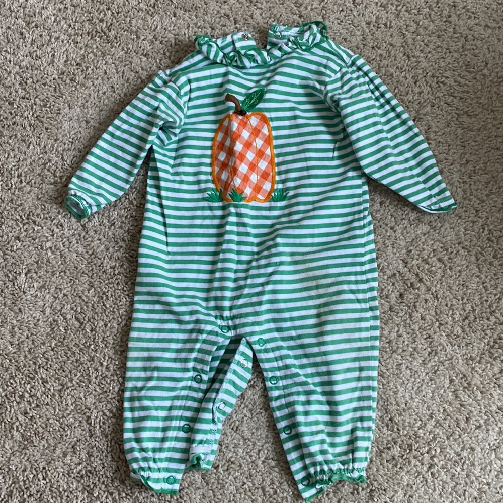 Bailey boys long romper with pumpkin and ruffle collar/sleeve